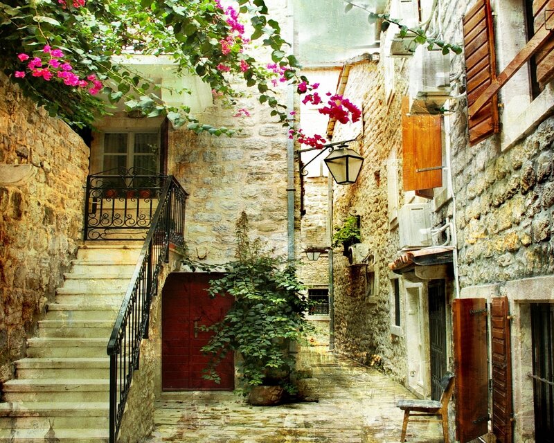 Charming stone alley with flowers