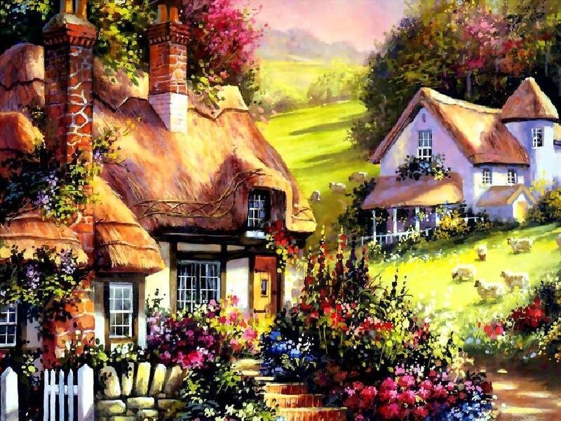 Charming village cottage scene