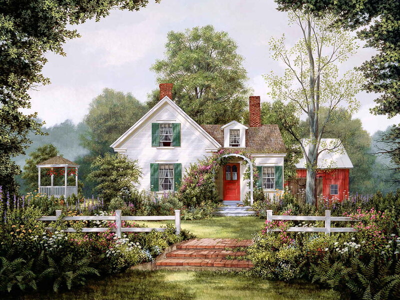Charming white cottage with red door