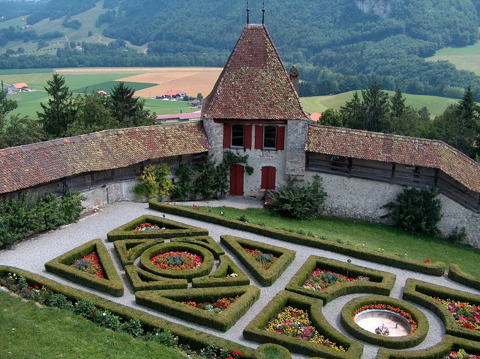 Chateau garden with manicured hedges