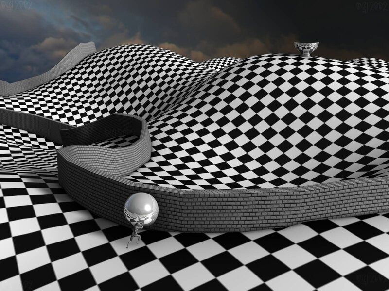 checkerboard landscape with figure