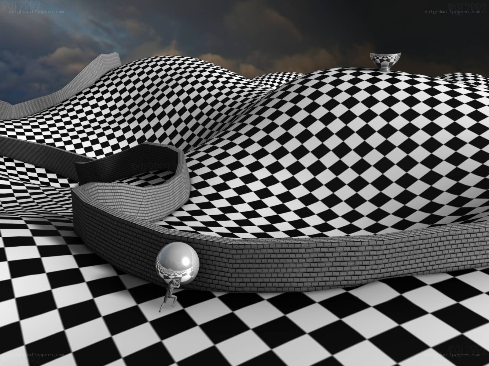 checkerboard landscape with figure
