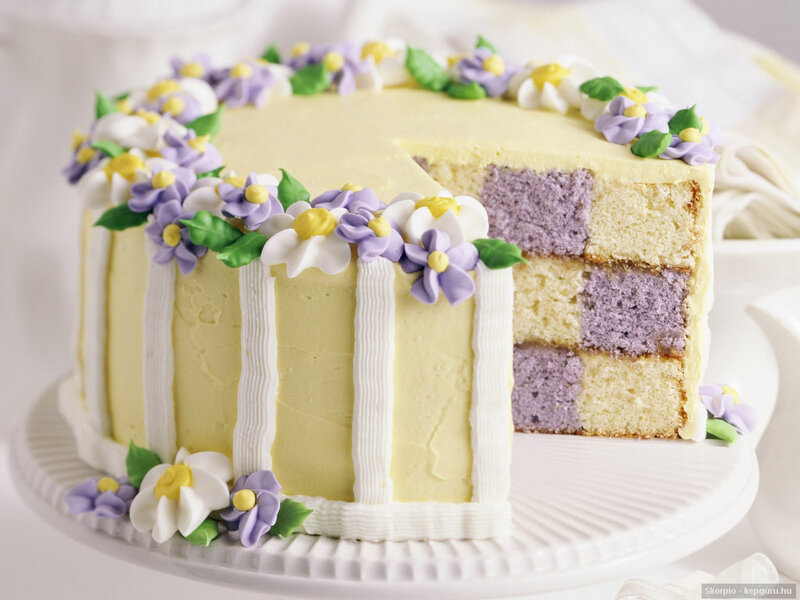 Checkered Cake with Flowers — Yellow, Festive, Photograph, Frosting
