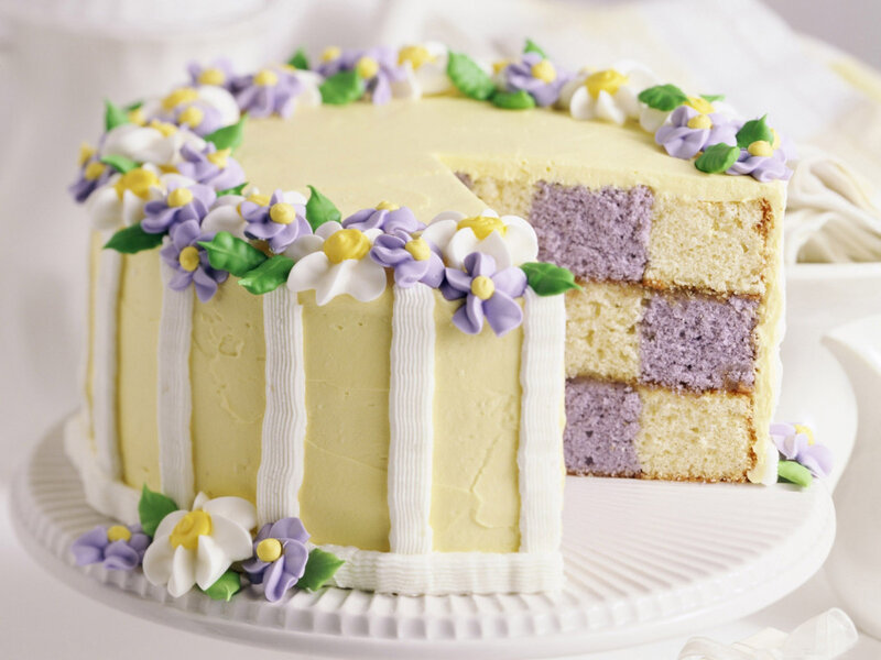 Checkered Cake with Flowers — Yellow, Festive, Photograph