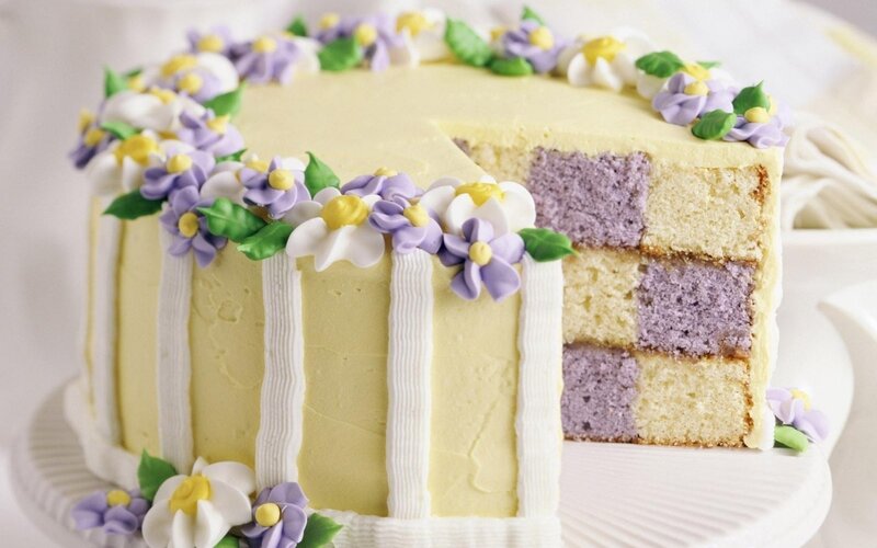 Checkered Cake with Flowers — Yellow, Festive, Spring, Photograph