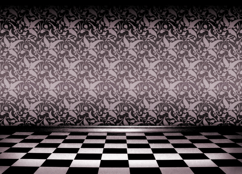 checkered floor with floral wallpaper