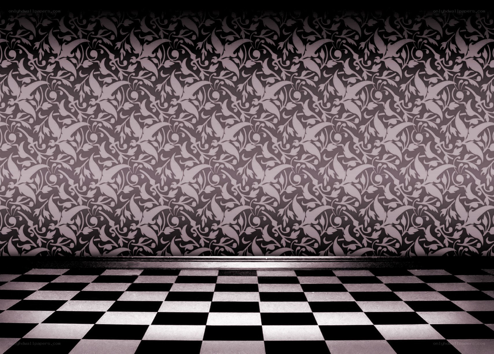 checkered floor with floral wallpaper