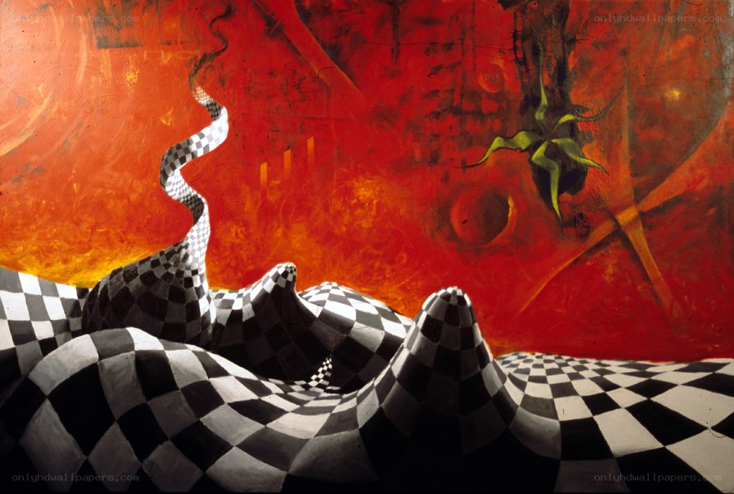 Checkered landscape with fiery background