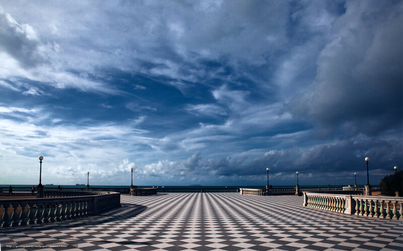 Checkered Pier under Cloudy Sky — Blue, Dramatic
