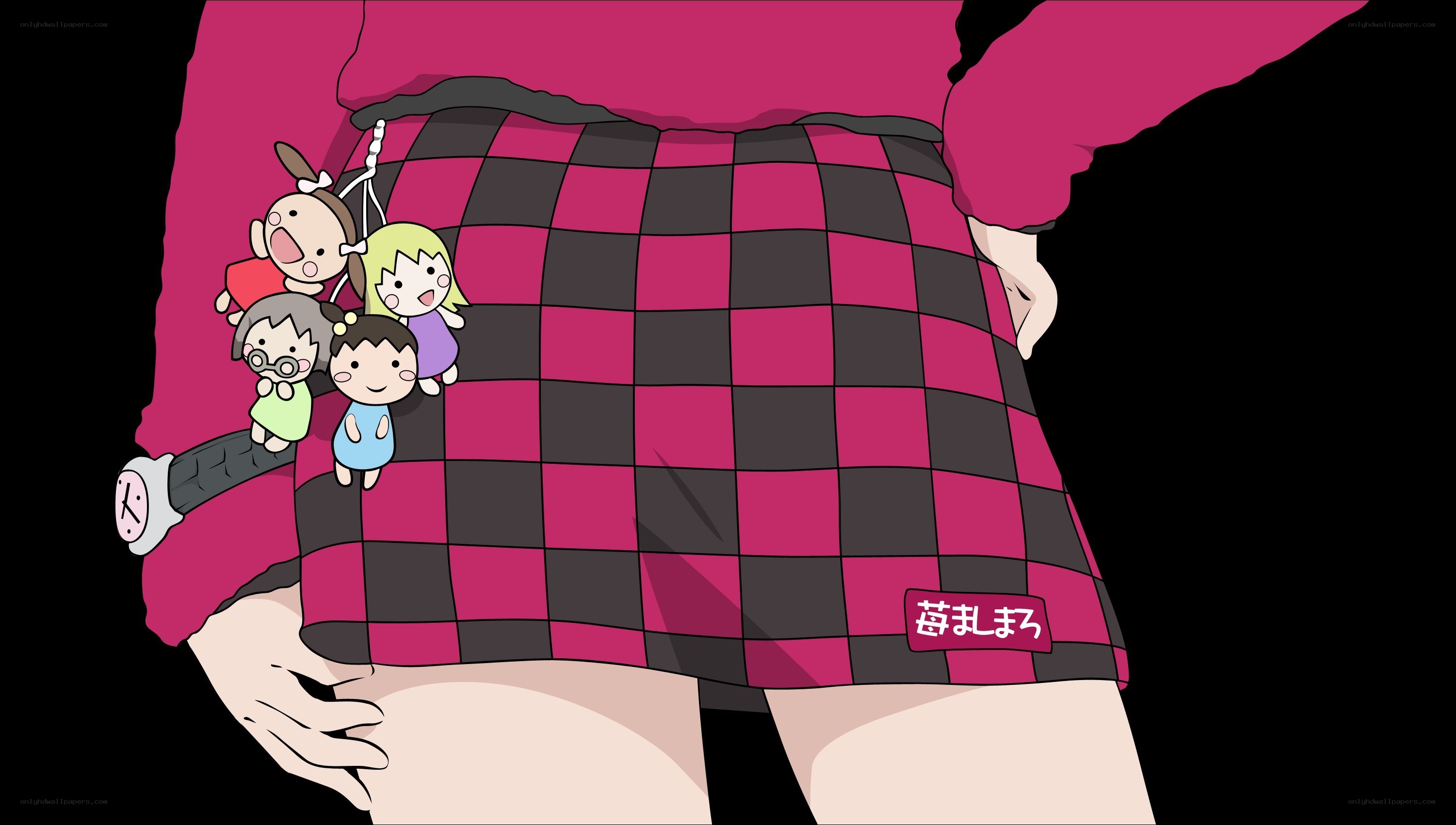Checkered skirt with plush toys
