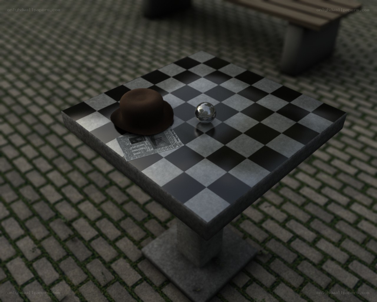 Checkered table with hat and ball