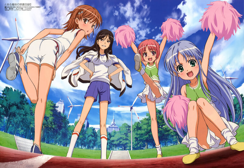 Cheerful anime girls on a track