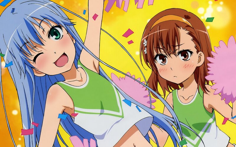 cheerful anime girls with pom-poms