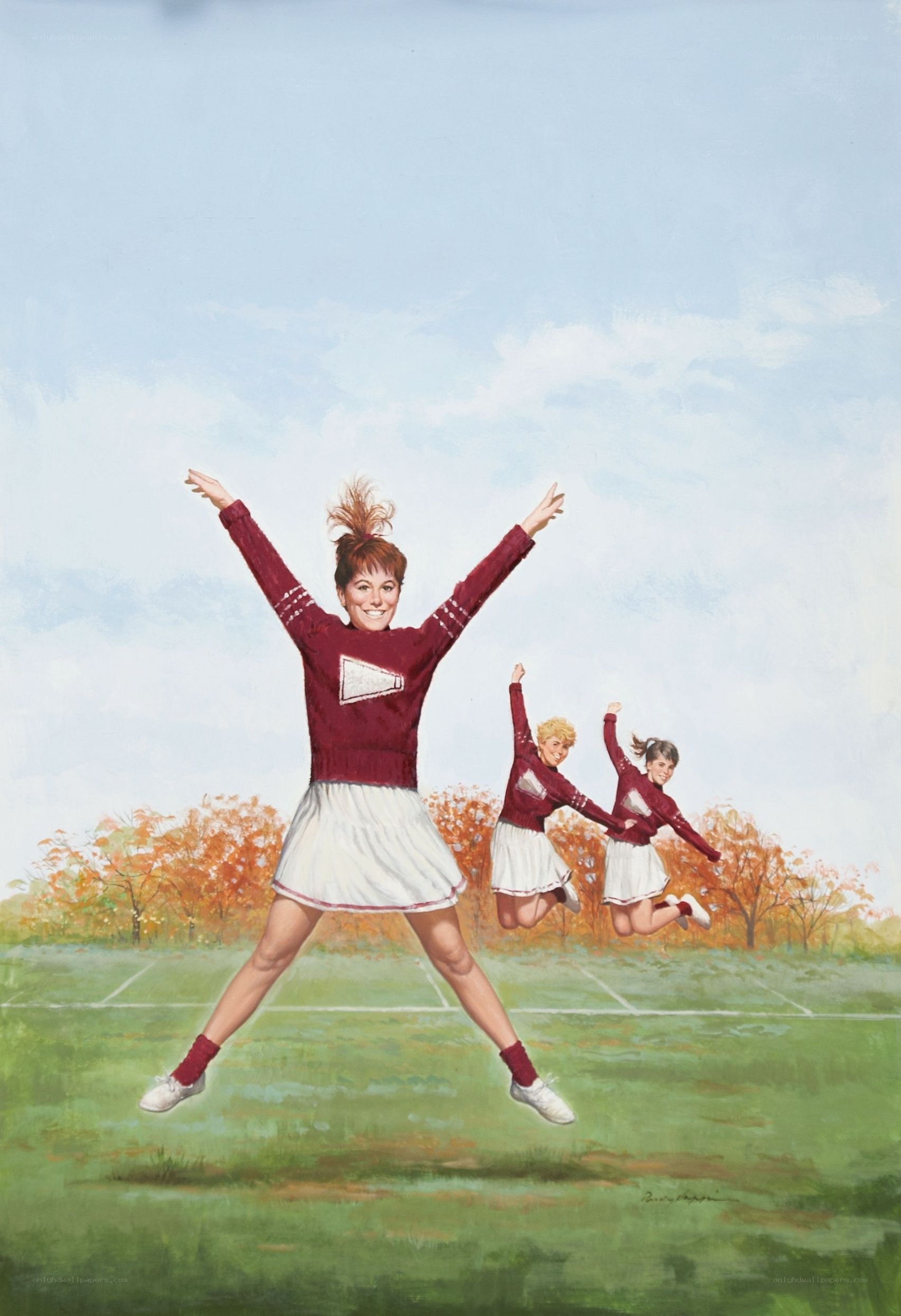Cheerleaders jumping on field