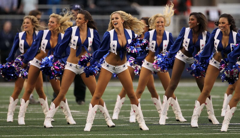 Cheerleaders Performing — Blue, Energetic, Photograph, Football Field
