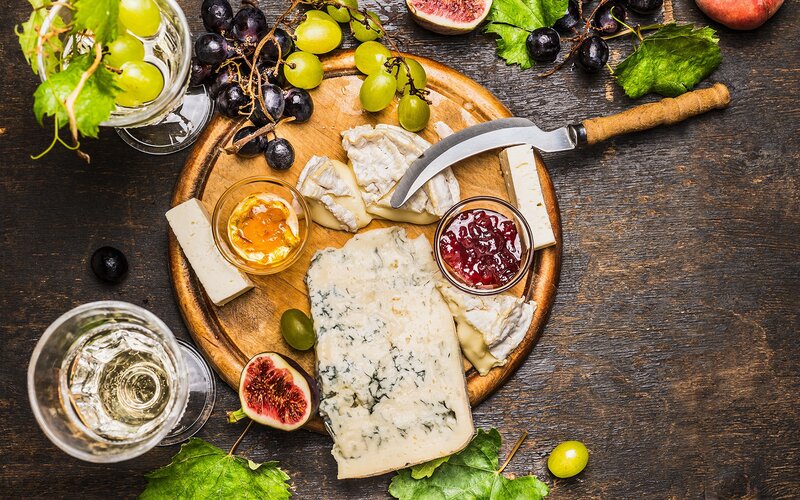 Cheese and Fruit Platter — Brown, Rustic, Photograph, Grapes, Figs, Wine