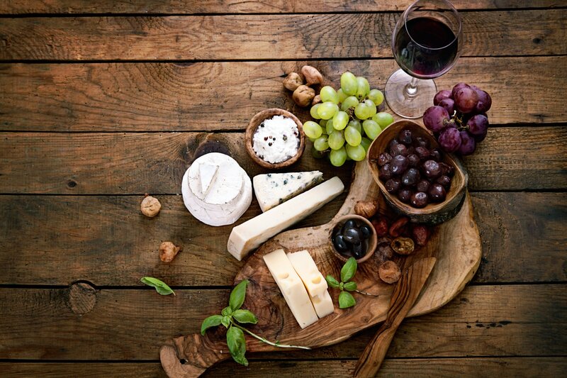 Cheese and Fruit Platter — Brown, Rustic, Photograph, Grapes, Olives