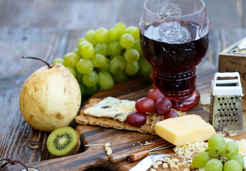 Cheese and Fruit Platter — Brown, Rustic, Photograph, Grapes, Pear