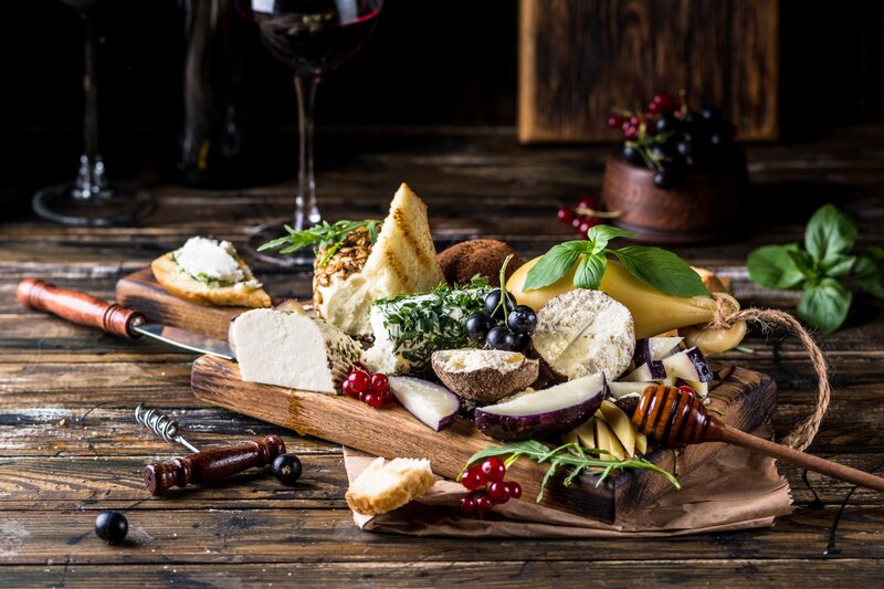 Cheese and Fruit Platter — Brown, Rustic, Photograph, Wine Glass