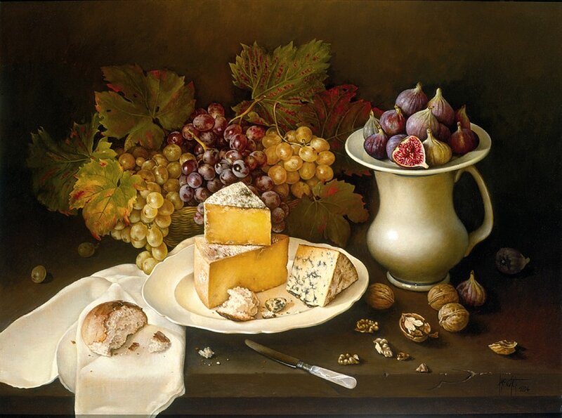 Cheese and Fruit Still Life — Brown