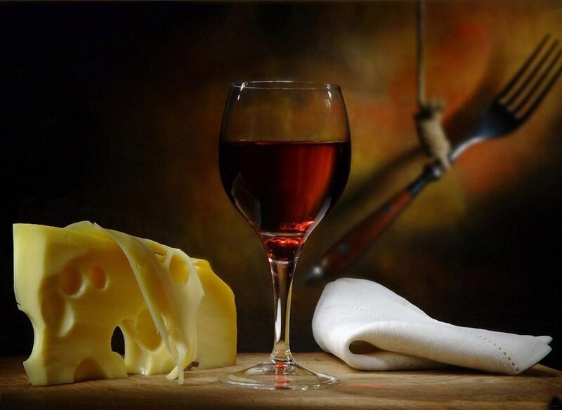 Cheese and red wine still life
