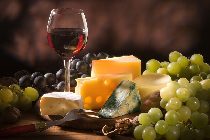 Cheese and Wine Platter — Brown, Dramatic, Photograph