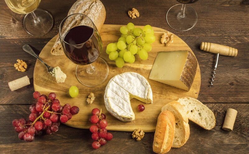 Cheese and Wine Platter — Brown, Rustic, Photograph, Grapes, Bread