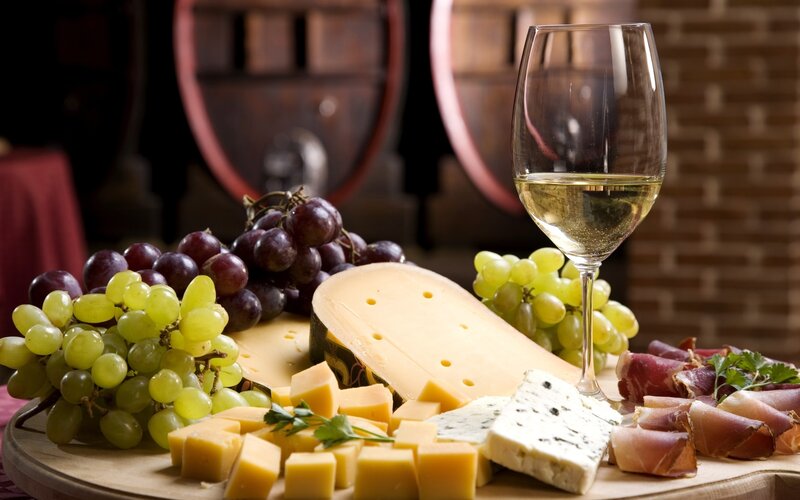 Cheese and Wine Platter — Brown, Rustic, Photograph, Grapes