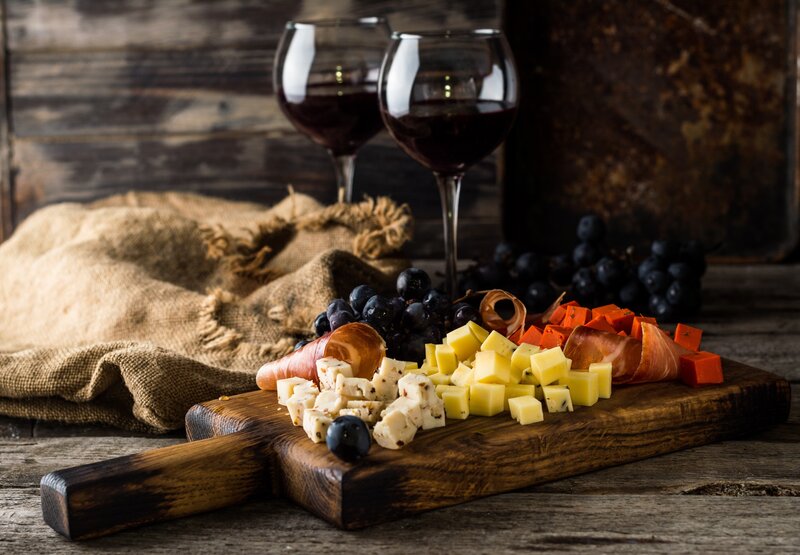 Cheese and Wine Platter — Brown, Rustic, Photograph, Grapes, Wine Glasses