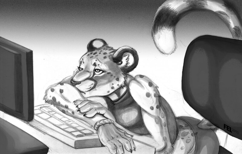 cheetah at computer desk