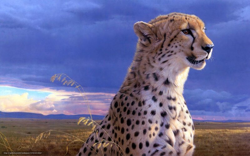 Cheetah in Savanna — Blue, Dramatic, Sunset, Digital Art, Grass
