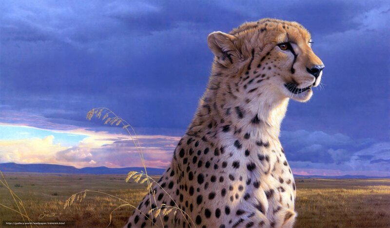 Cheetah in Savanna — Blue, Dramatic, Sunset, Digital Art