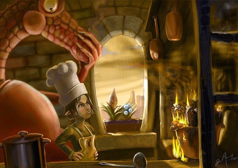Chef and monster in a kitchen