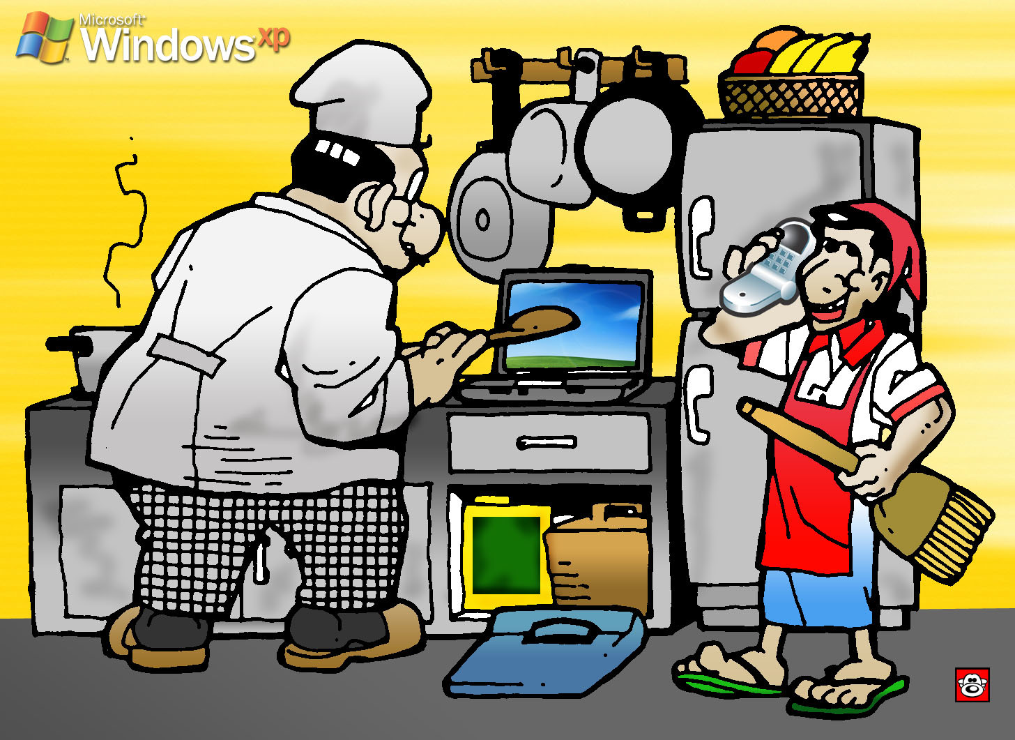 Chef cooking with laptop