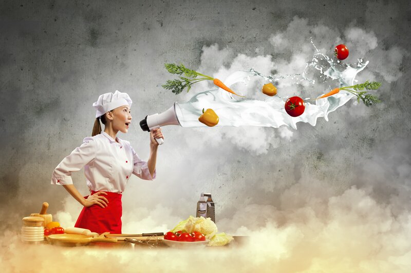 Chef shouting with vegetables