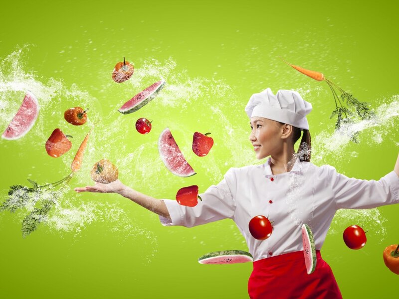 Chef with Floating Produce