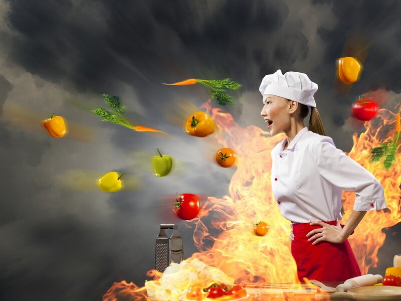 Chef with Flying Vegetables — White