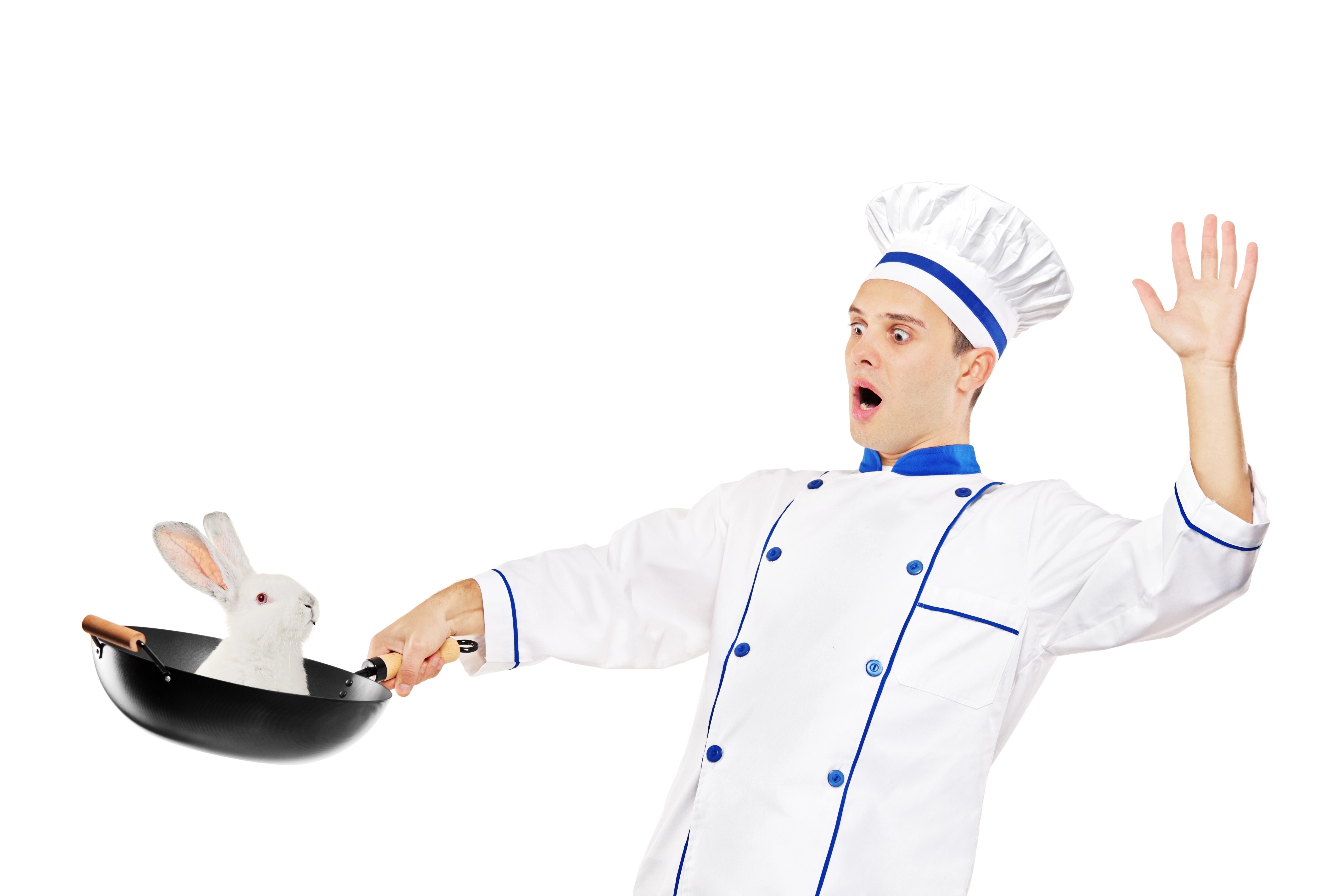 chef with rabbit in pan
