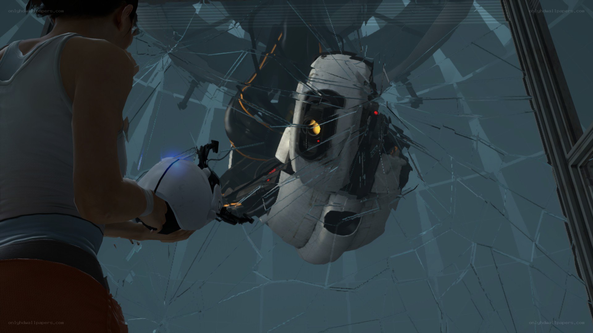 Chell and GLaDOS in a shattered chamber