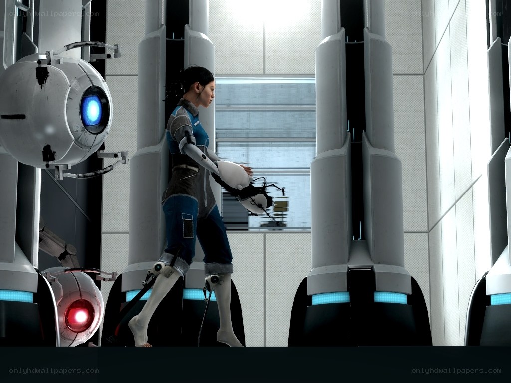Chell and robots in a test chamber