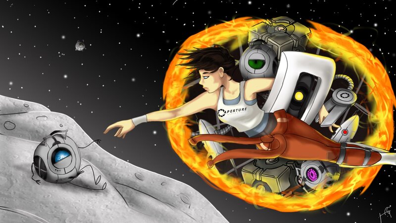 Chell in space with robots