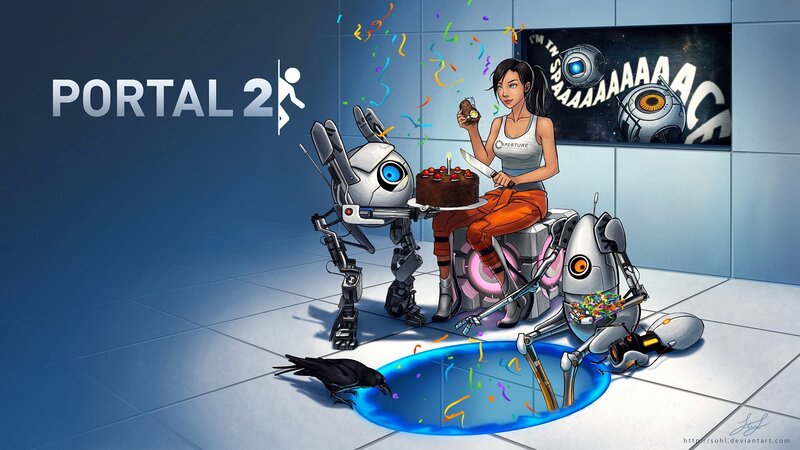 Chell with Robots — Blue, Celebratory