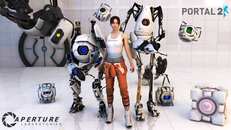 Chell with robots from Portal 2