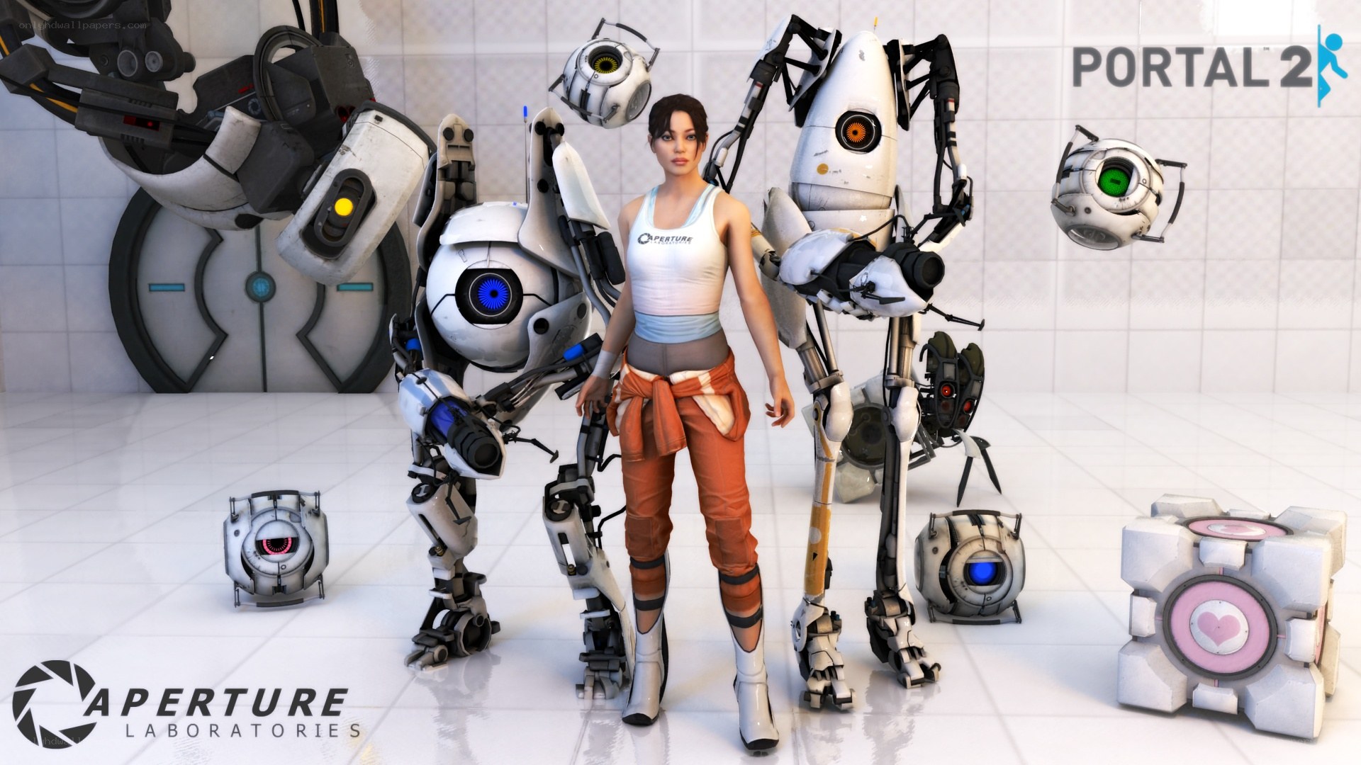 Chell with robots from Portal 2