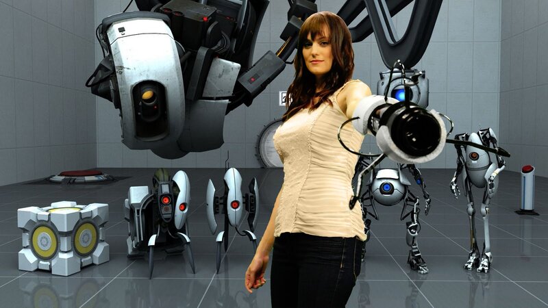 Chell with robots in Aperture