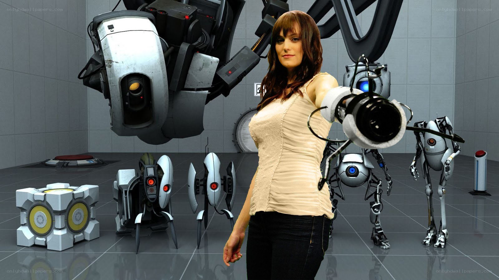 Chell with robots in Aperture