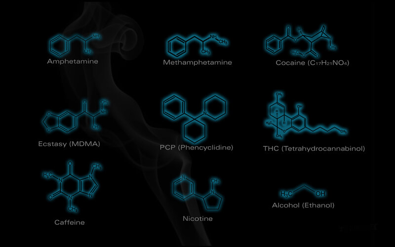Chemical Structures of Drugs — Black, Dark, Illustration, Molecular Diagrams