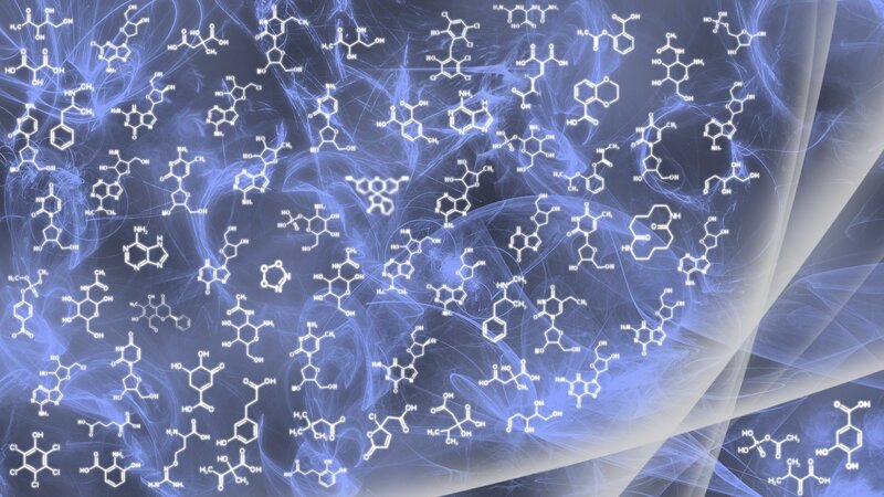 Chemical Structures on Blue Background — Scientific, Digital Art