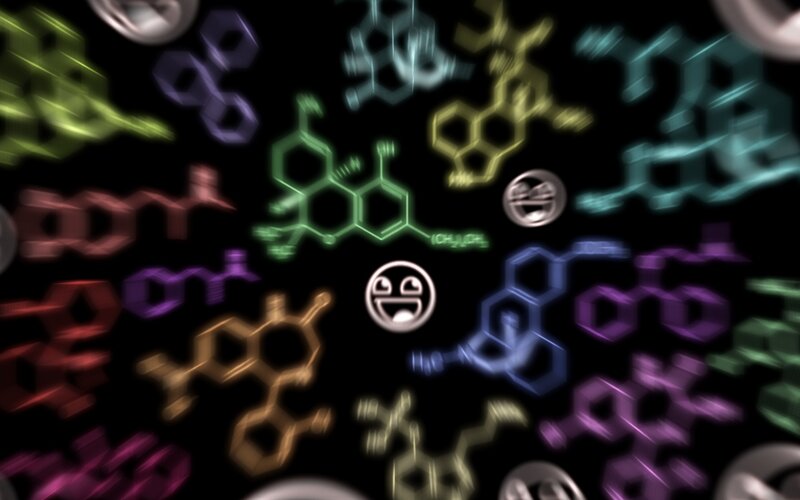 chemical structures with emojis
