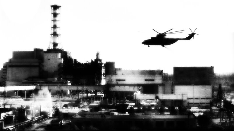 Chernobyl Nuclear Plant — Black, Dramatic, Photograph, Helicopter